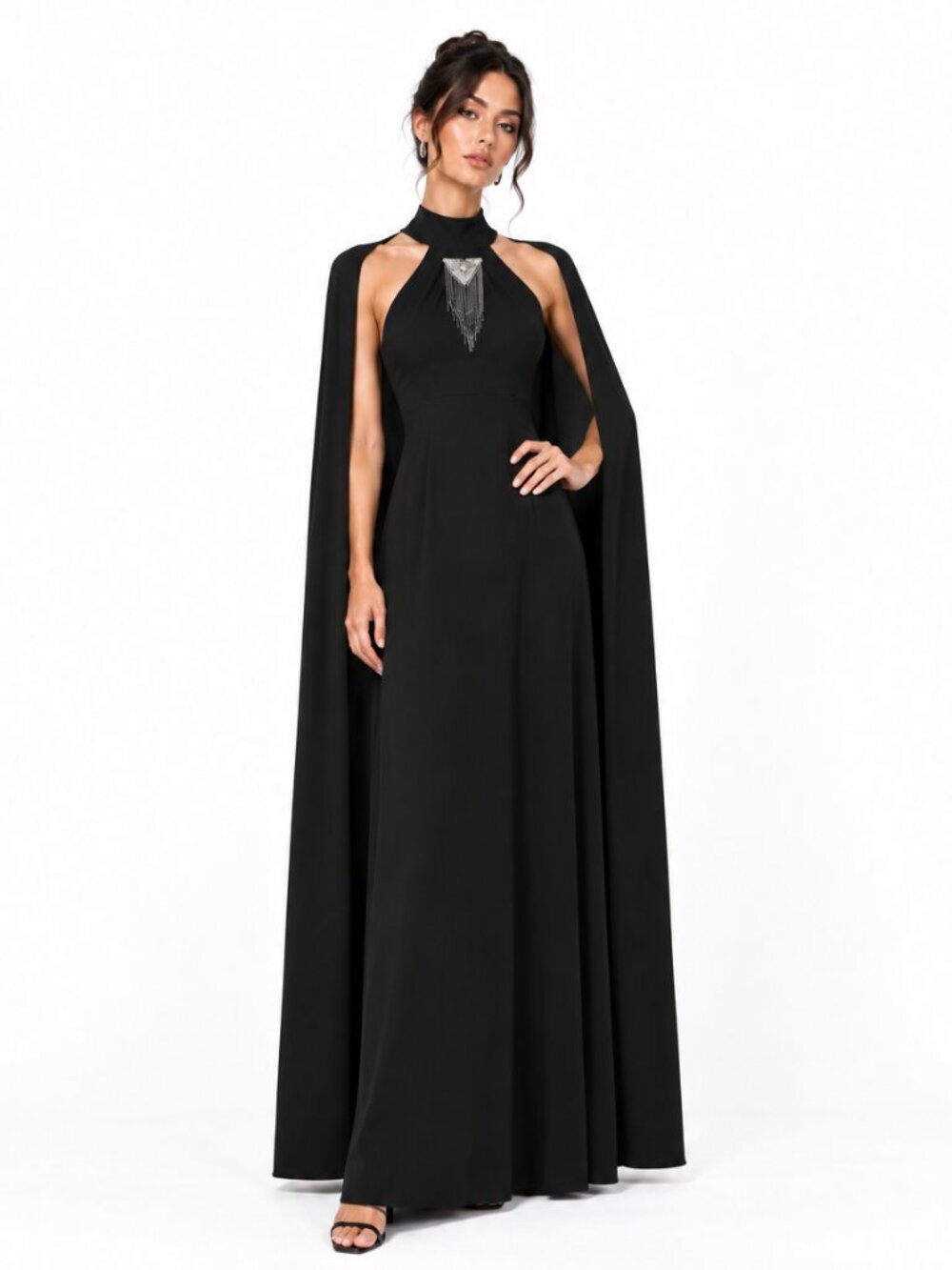 Vintage 70s Orite Cape Dress Black Maxi Long Goth Formal Beaded Evening Sz Small